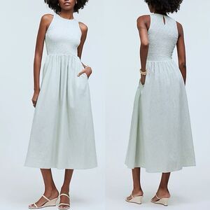 MADEWELL Midi Dress Women Large Melody Smocked Sleeveless Green Striped NP125